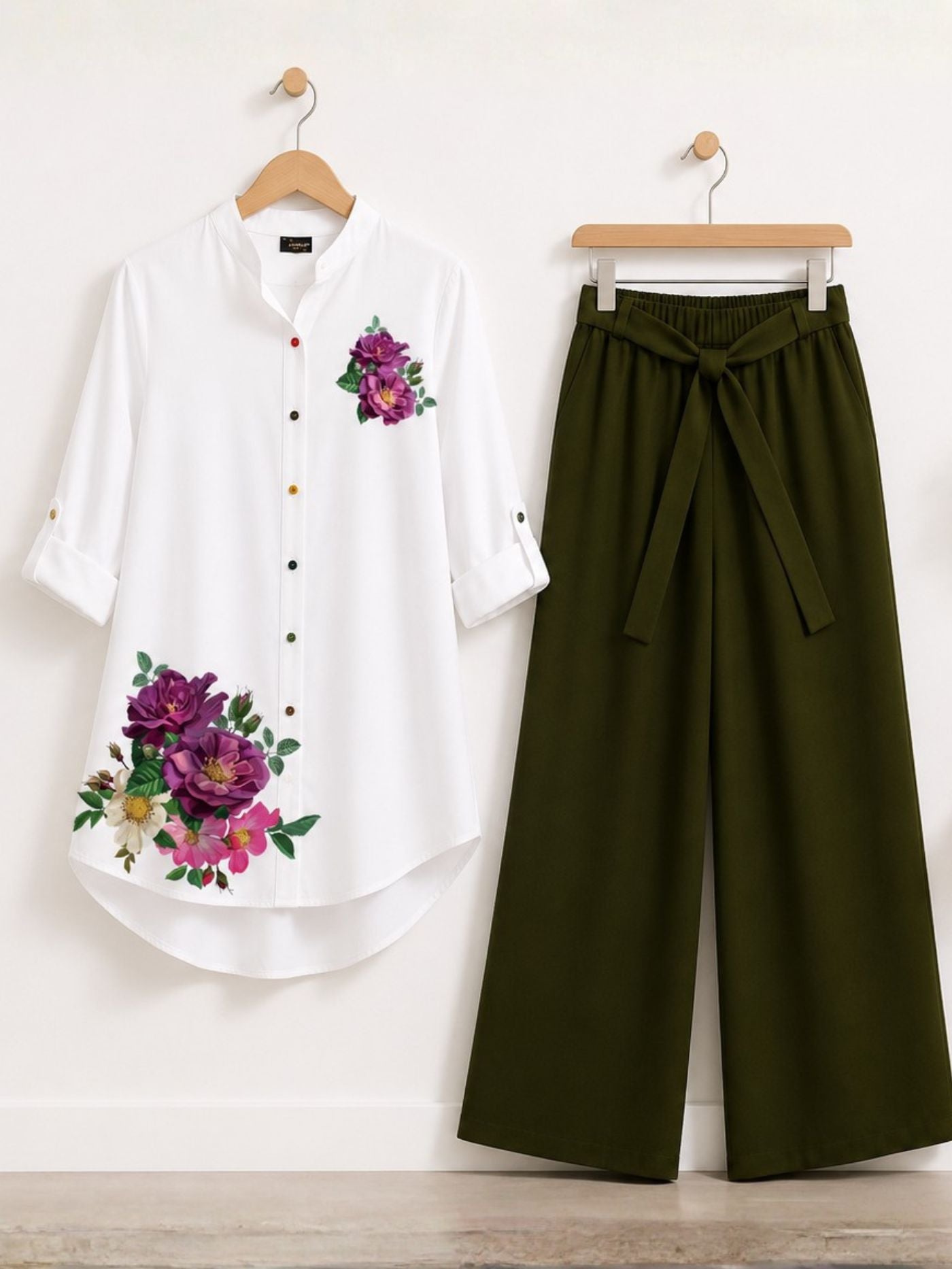 Amethyst Muse floral tunic and olive palazzo co-ord set for women