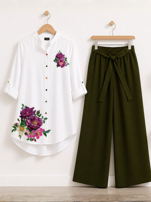 Amethyst Muse floral tunic and olive palazzo co-ord set for women