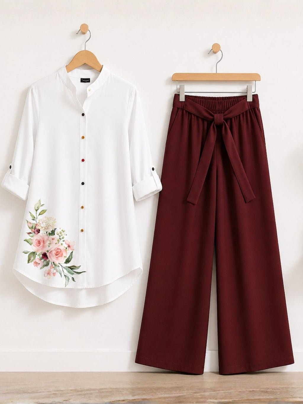 Aurelia Muse floral tunic and wine palazzo co-ord set for women
