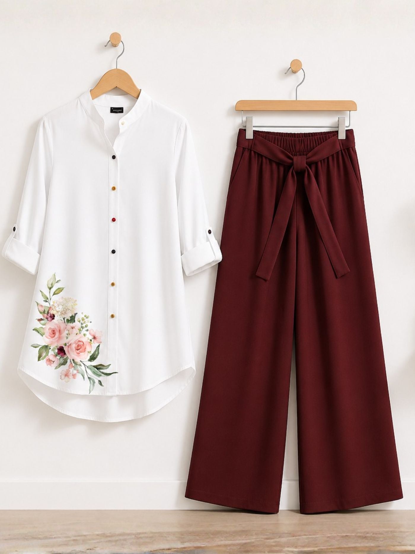 Aurelia Muse floral tunic and wine palazzo co-ord set for women