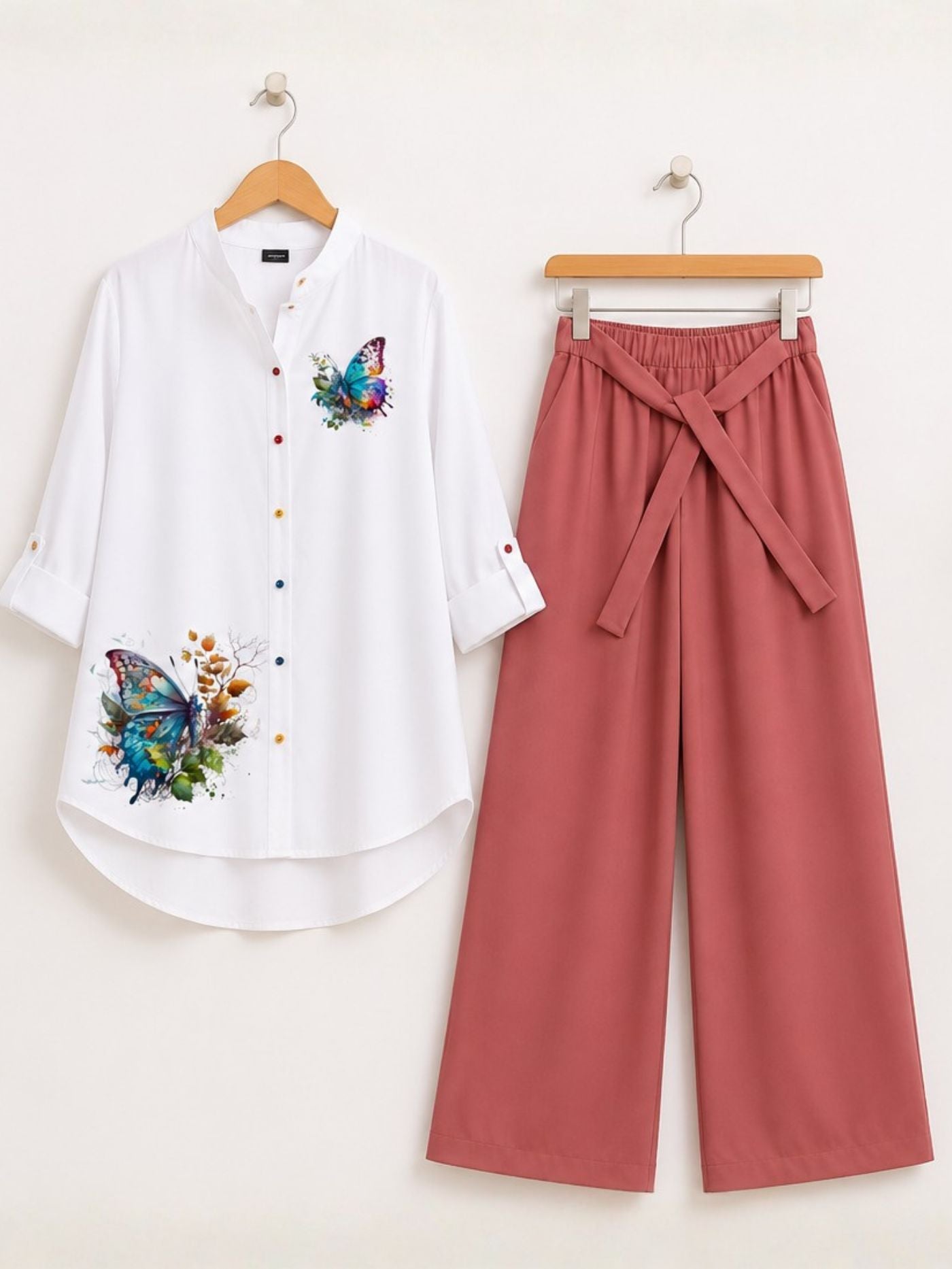 Blush Muse butterfly print tunic and blush palazzo co-ord set for women