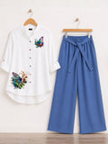 Women's butterfly print tunic with celeste blue stretchable palazzo co-ord set