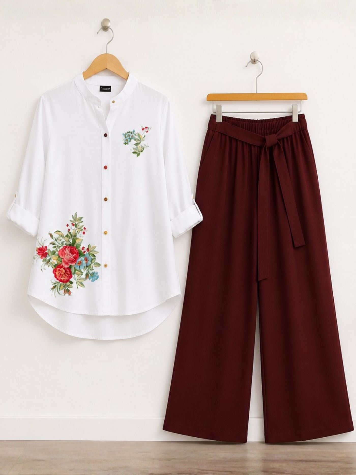 Crimson Muse floral tunic and crimson palazzo co-ord set for women