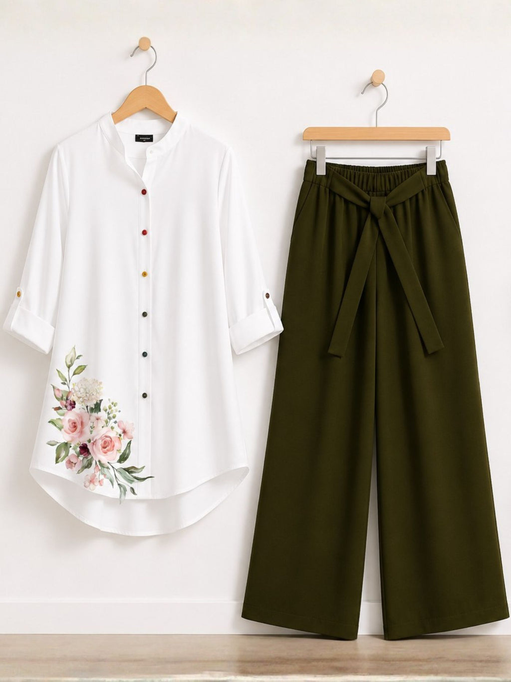 Gardenia Muse floral tunic and olive palazzo co-ord set for women