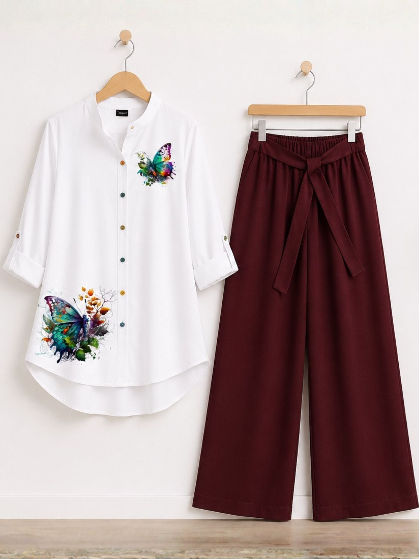 Merlot Muse butterfly print tunic and merlot palazzo co-ord set for women