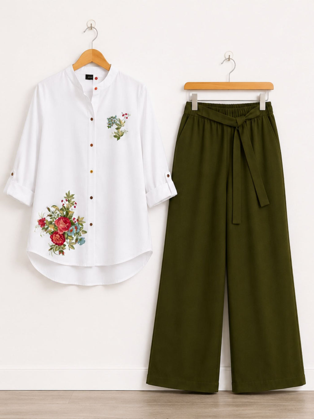 Olive Muse floral tunic and olive palazzo co-ord set for women