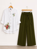 Olive Muse floral tunic and olive palazzo co-ord set for women