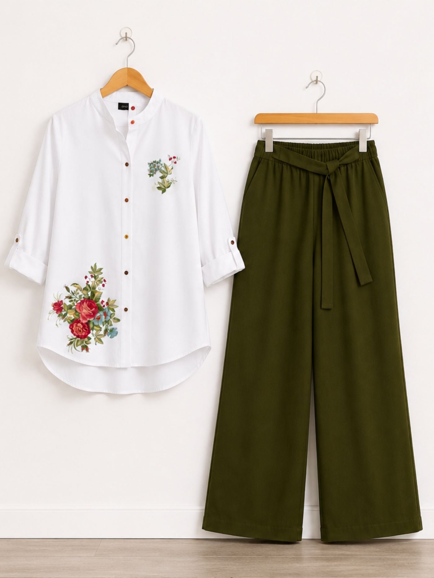 Olive Muse floral tunic and olive palazzo co-ord set for women