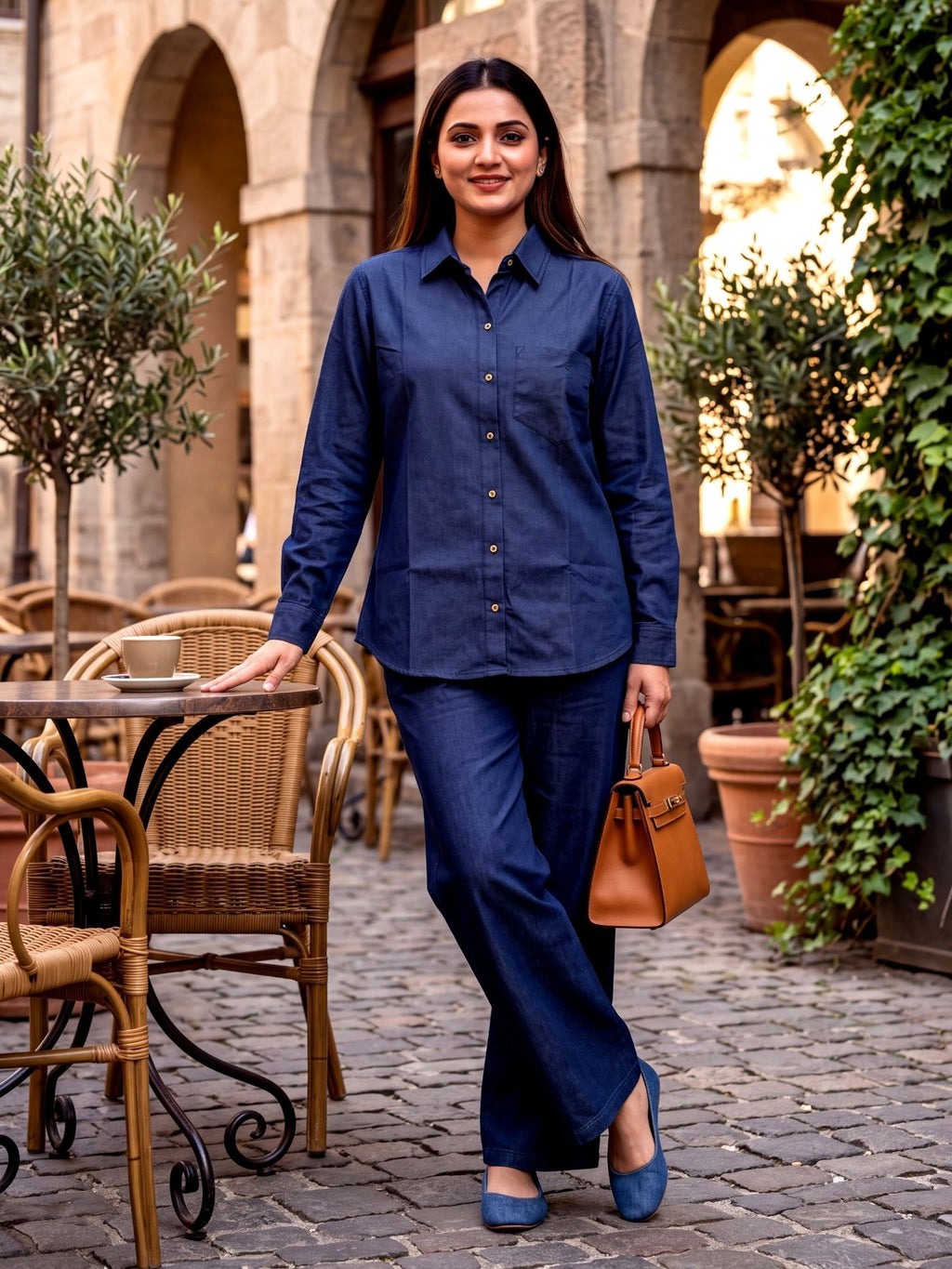 Rivelle Muse deep-indigo denim button-down shirt and wide-leg palazzo displayed on wooden hangers