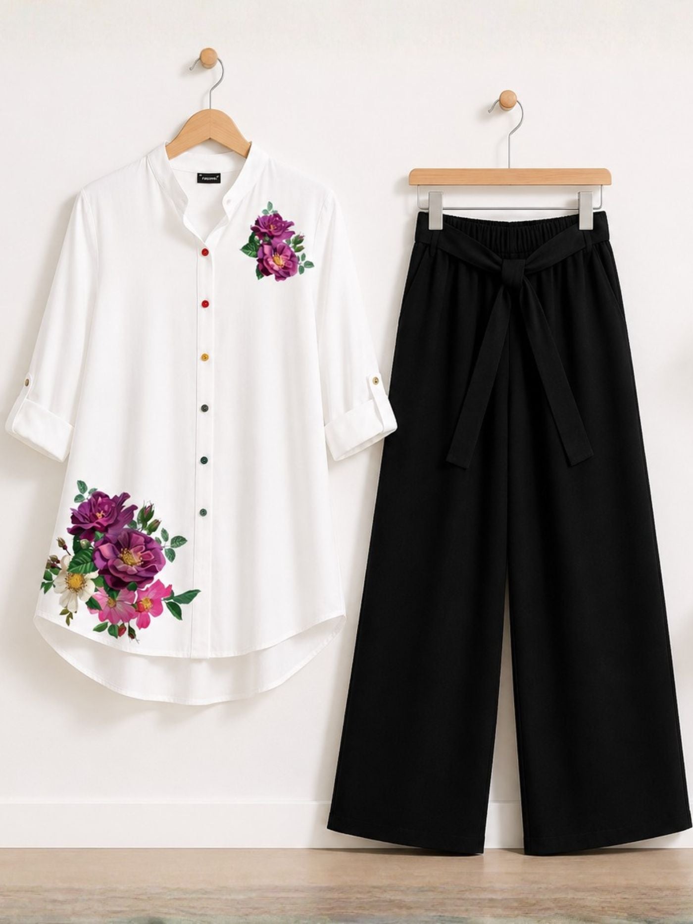 Velvet Muse floral tunic and black palazzo co-ord set for women