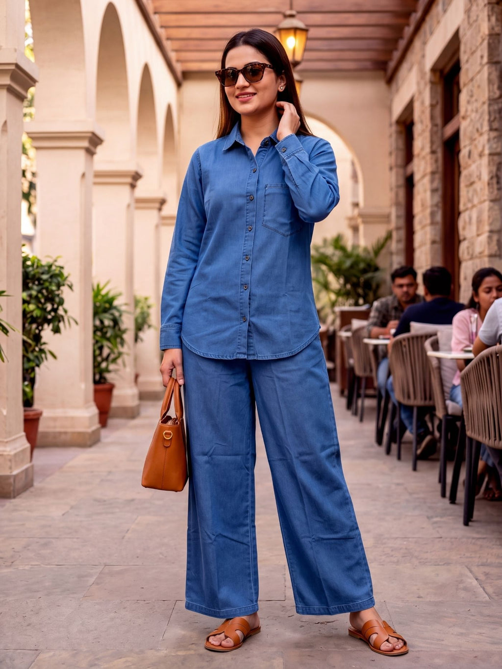 Woman styling the Elara Muse blue denim co-ord set with sunglasses and a tan handbag