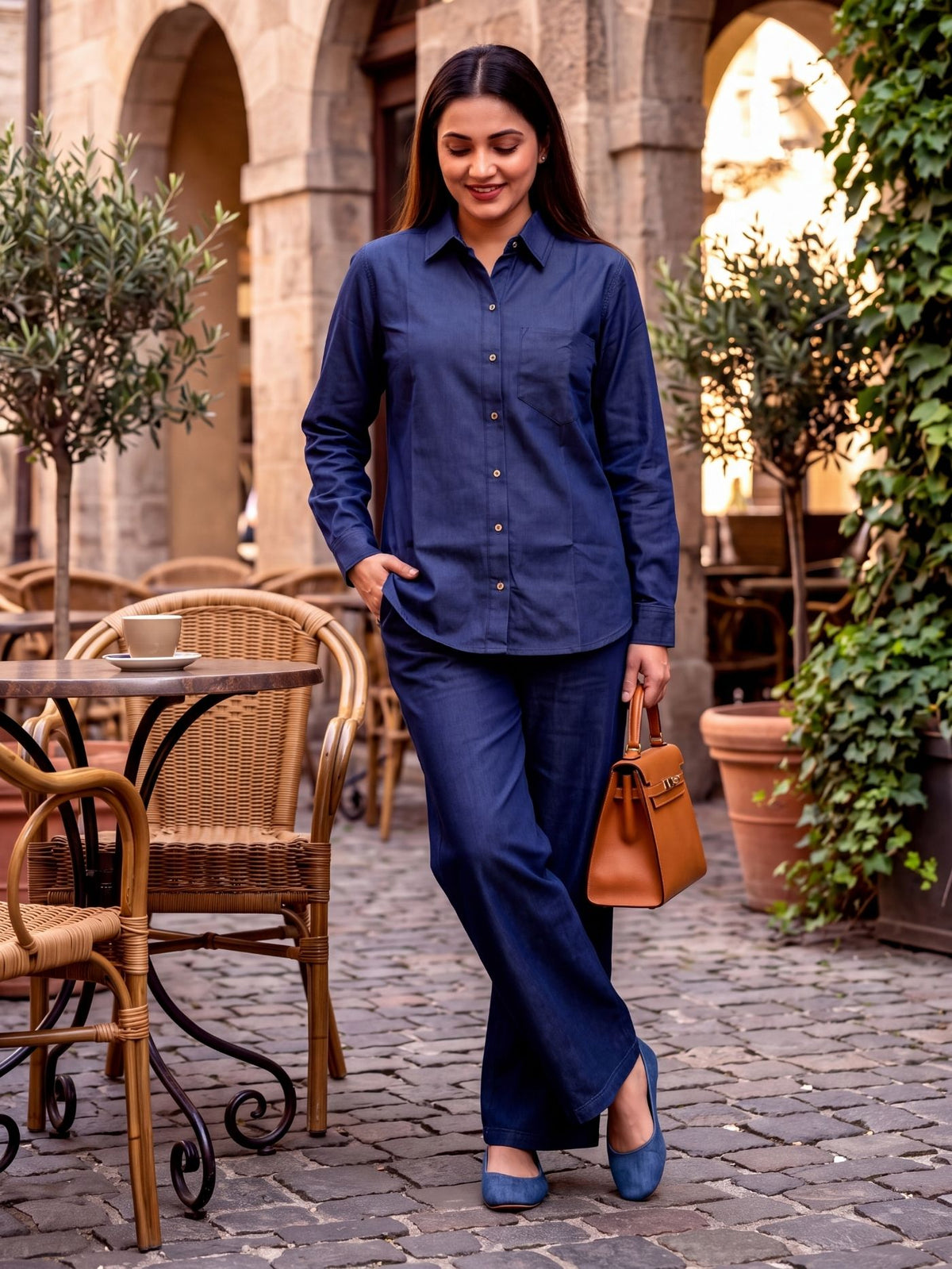 Woman wearing the Rivelle Muse deep-indigo denim co-ord set with a tan handbag